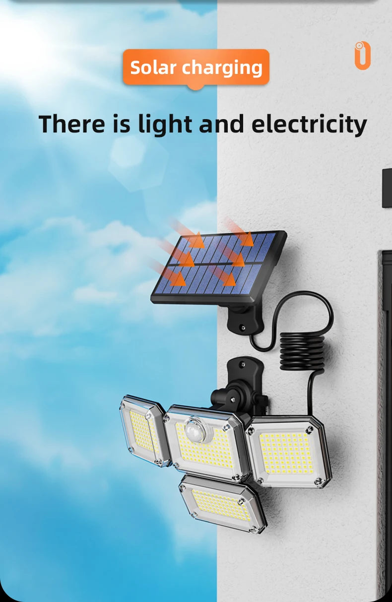 5000LM Outdoor Motion Sensor Lamp 333 LED IP65 Waterproof 4-Head Solar Power Light  Flood Lights 270° Lighting Range Outdoor Indoor Solar Garden Lamp With Adjustable Head Wide Lighting