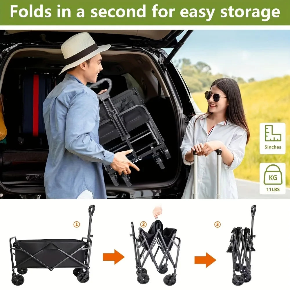High-Capacity Heavy-Duty All-Terrain Folding Cart - Stainless Steel Frame and Foldable Multi-Purpose Wagon,