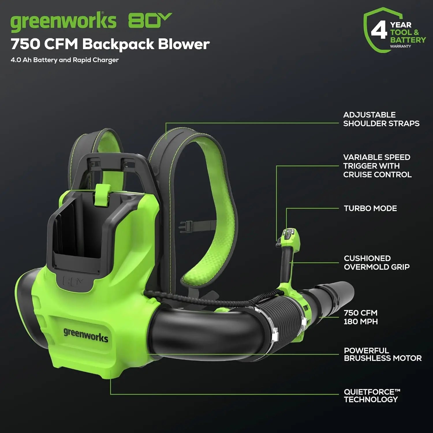 80V Backpack Leaf Blower, 750 CFM, 4.0Ah Battery and Charger