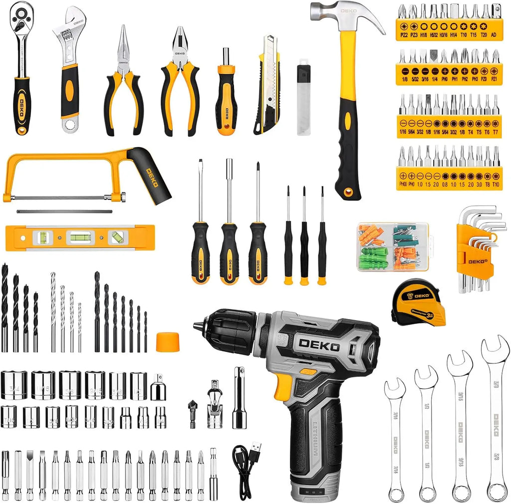 DEKO Home Mechanic Toolbox, 12V Power Cordless Drill, Hand Repair Tools Set, Molded Toolbox W/Drawer
