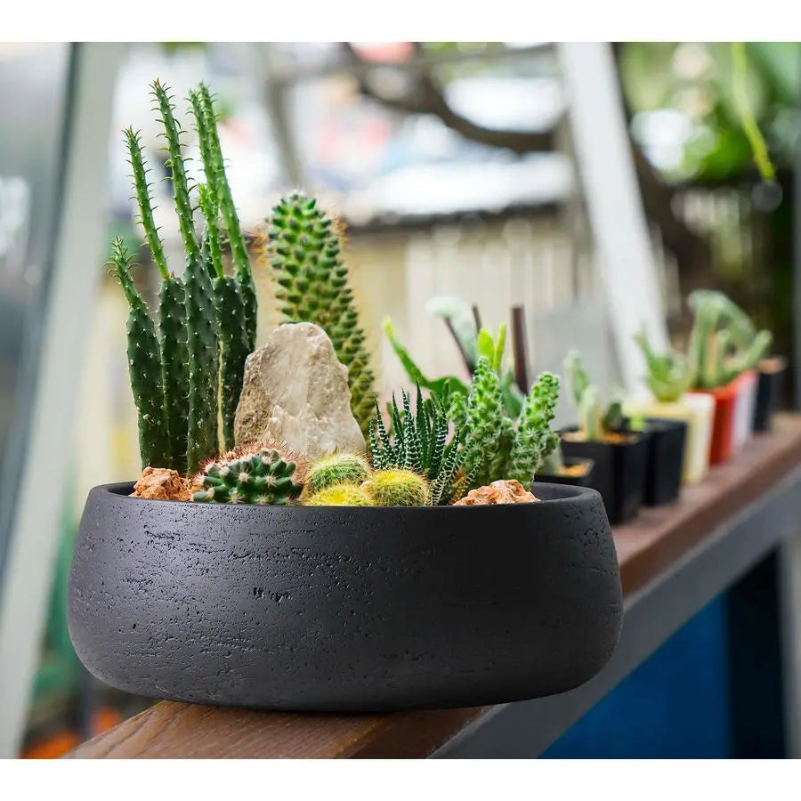 Large Ceramic Planter Bowl, Shallow Plant Pot, Matt Black Flowerpot, Indoor and Outdoor Garden Decor