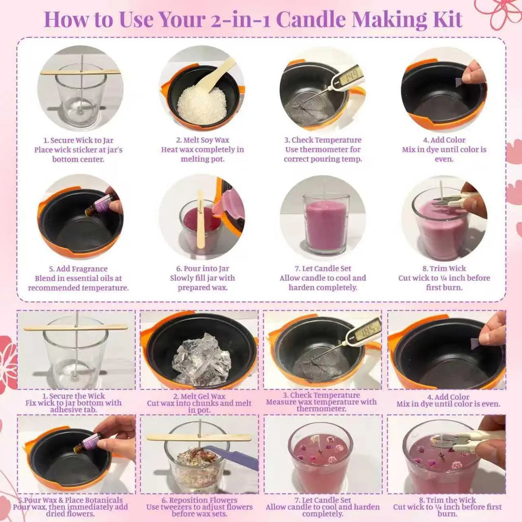 WcoDusak Best Wish 2-in-1 Soy & Jelly Wax DIY Candle Making Kit for Beginners & Adults | Complete Candle Making Kit, Dual-Setting Wax Melter, Custom Fragrances & Colors, Ideal for Home Hobby & Holiday Gifts