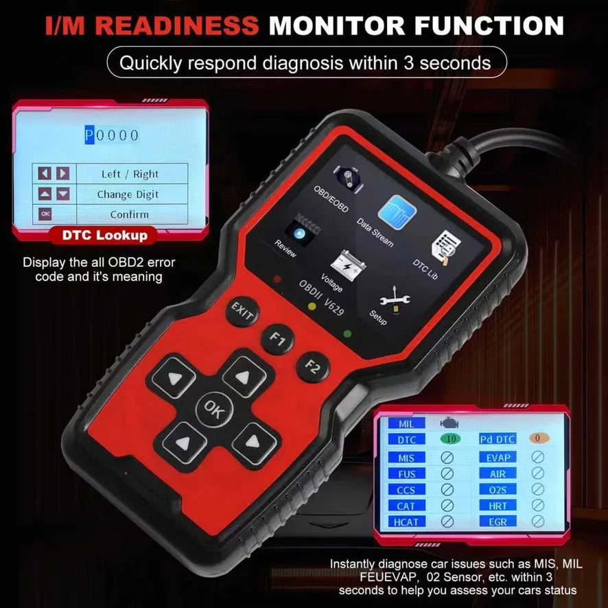 V629 OBD-II Car Fault Code Reader, 12V Gasoline Vehicle Scanner for DIY & Repair Shop, Read & Clear Engine Trouble Codes, View Live Data