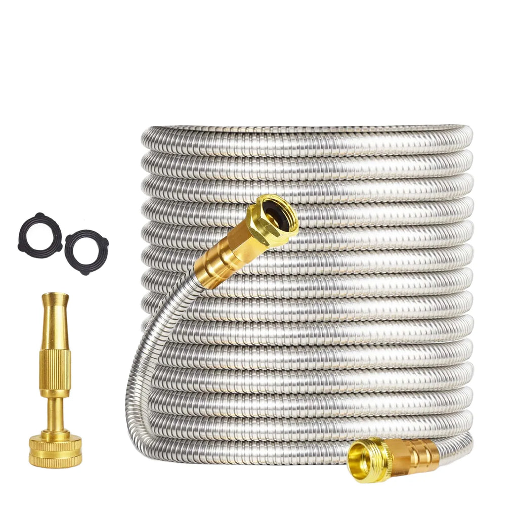 HiMiss Heavy Duty Stainless Steel Garden Hose – Flexible Metal Water Hose – Kink Proof & Anti-Kink – Adjustable Brass Nozzle, Perfect for Lawn, Car Wash, Outdoor Irrigation, 25FT,50FT,100FT