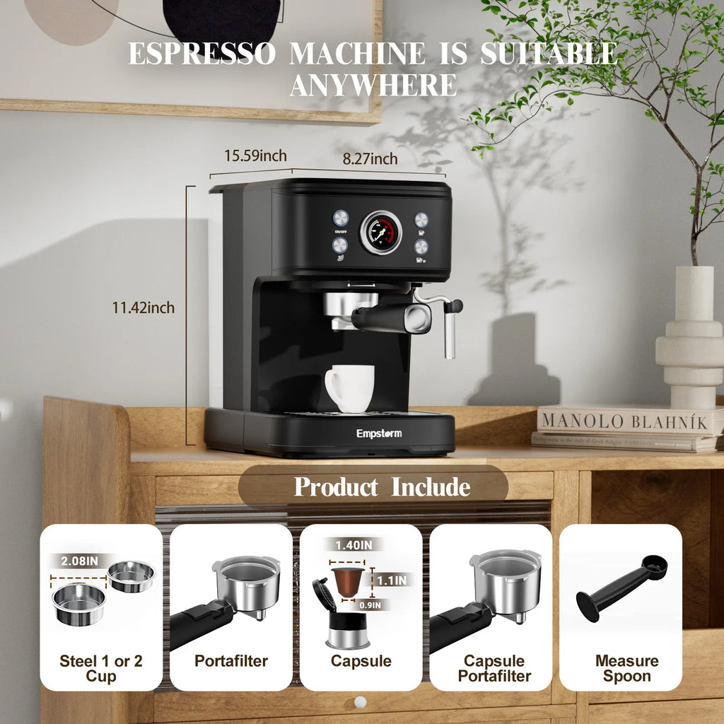 Empstorm Household Electric Semi-automatic Espresso Machine Brewing System Milk Frother Stainless Steel 20 Bar Pump Type Temperature Control Device for Hotels,with Top Cup Warmer & Washable Drip Tray,sturdy Build,ideal Gift f