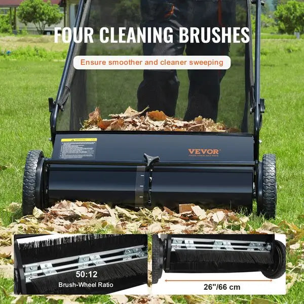 SucceBuy Push Lawn Sweeper, 26 Inch Leaf & Grass Collector, Strong Rubber Wheels & Heavy Duty Thickened Steel