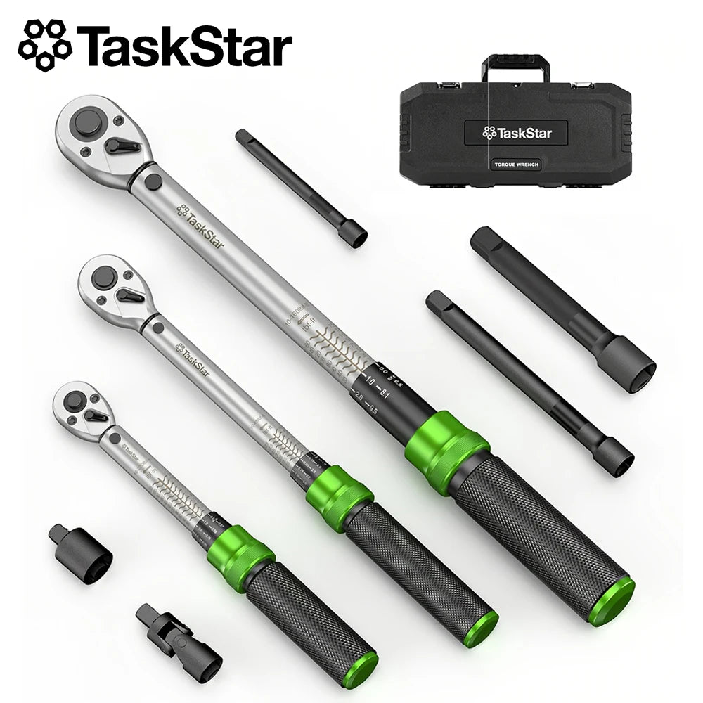 TaskStar 1/4" & 3/8" & 1/2" Drive Click Torque Wrench Kit 8pcs ±3% Accuracy 72 Tooth Dual Scale Ratchet Wrench for Bike/Moto Repair