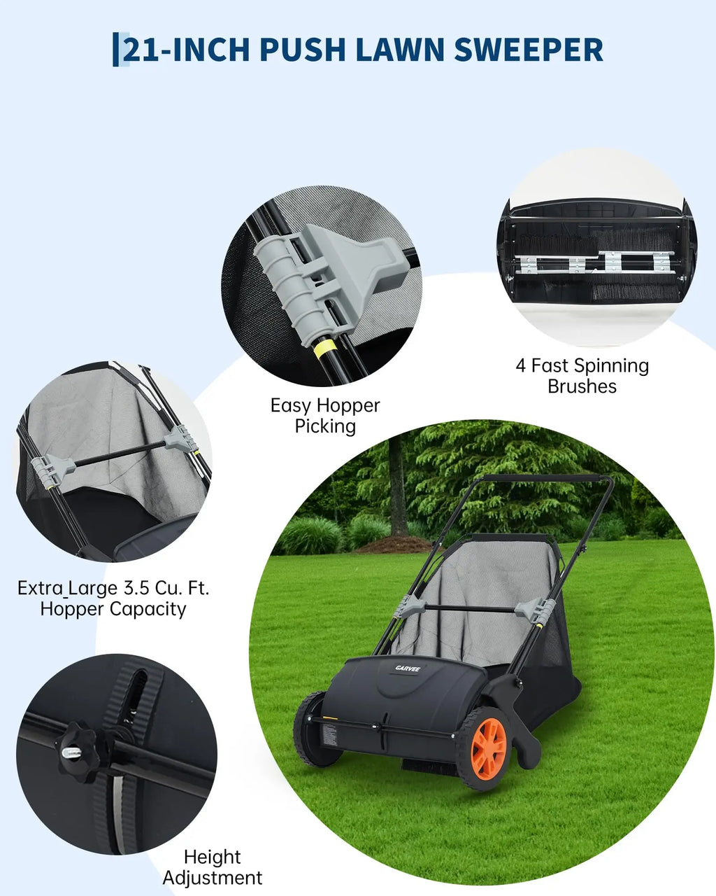 Garvee Manual Lawn Sweeper 21-Inch Push Leaf Sweeper With 4 Brushes, 3.5 Cu. Ft. Hopper, Height Adjustable For Yard, Patio, Driveway