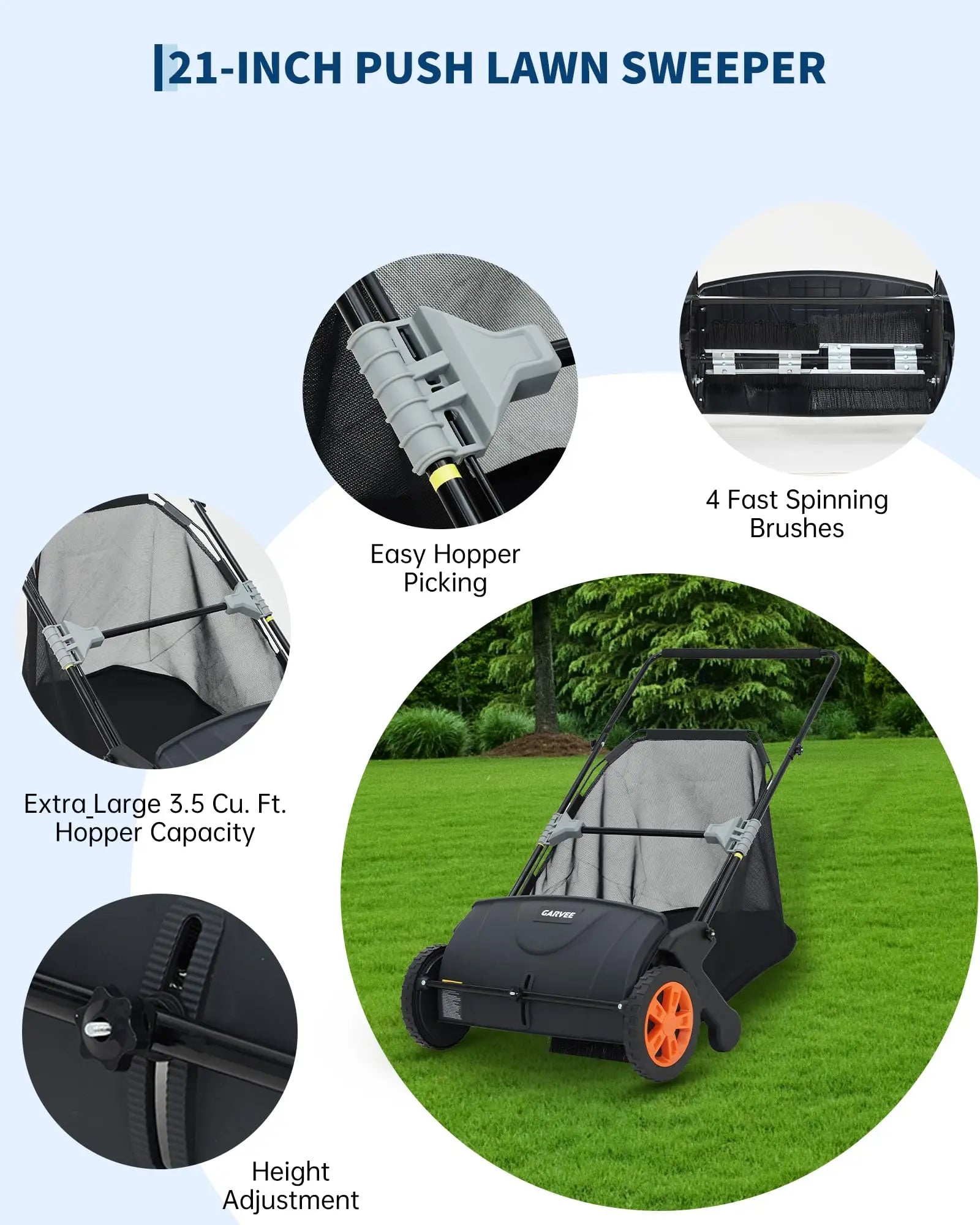 Garvee Manual Lawn Sweeper 21-Inch Push Leaf Sweeper With 4 Brushes, 3.5 Cu. Ft. Hopper, Height Adjustable For Yard, Patio, Driveway
