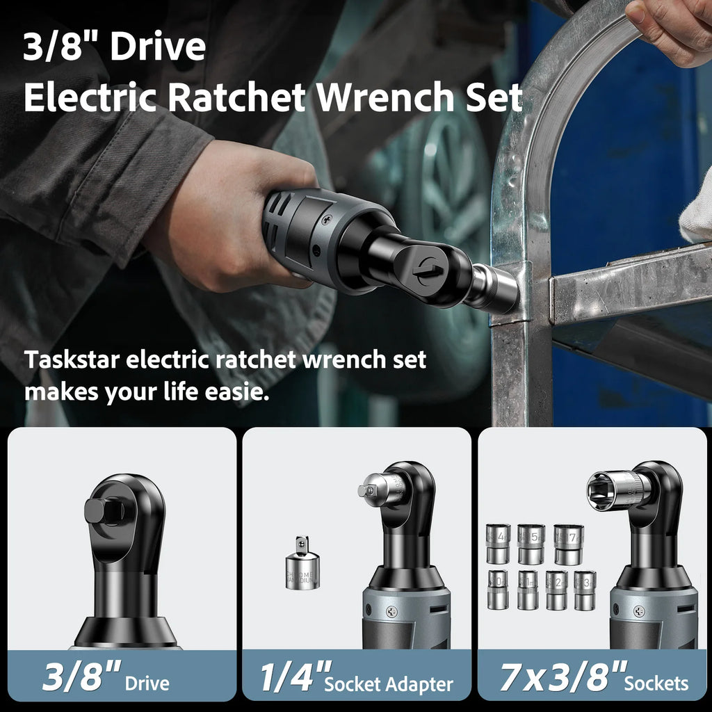 TaskStar 3/8" Driver Cordless Ratchet Wrench with 1/4" Adapter &7 Sockets & 2 2.0Ah Batteries 12V Car Dismantling Tool Electric Wrench Kit