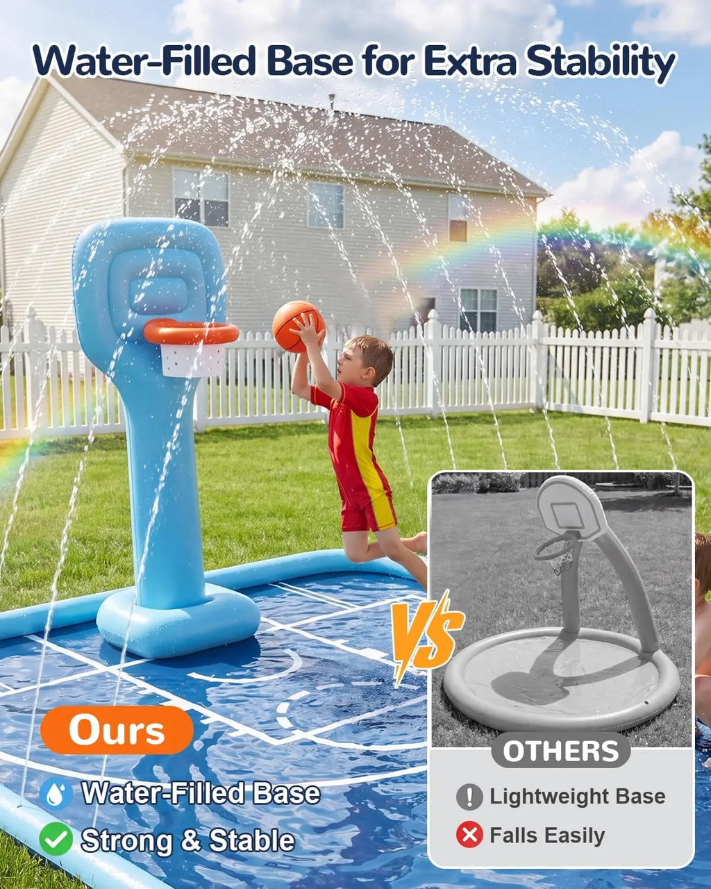 Qmioti Kiddie Sprinkler Pool PVC Material Large Size Non-Slip With Basketball Hoop Summer Blue