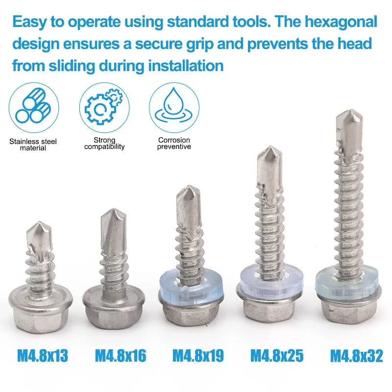 MXUTEUK Stainless Steel Self-Tapping Screws Hexagonal Drill Tail Self Tapping Screw Self Drilling Screw for Wood Sheet Metal Fastener