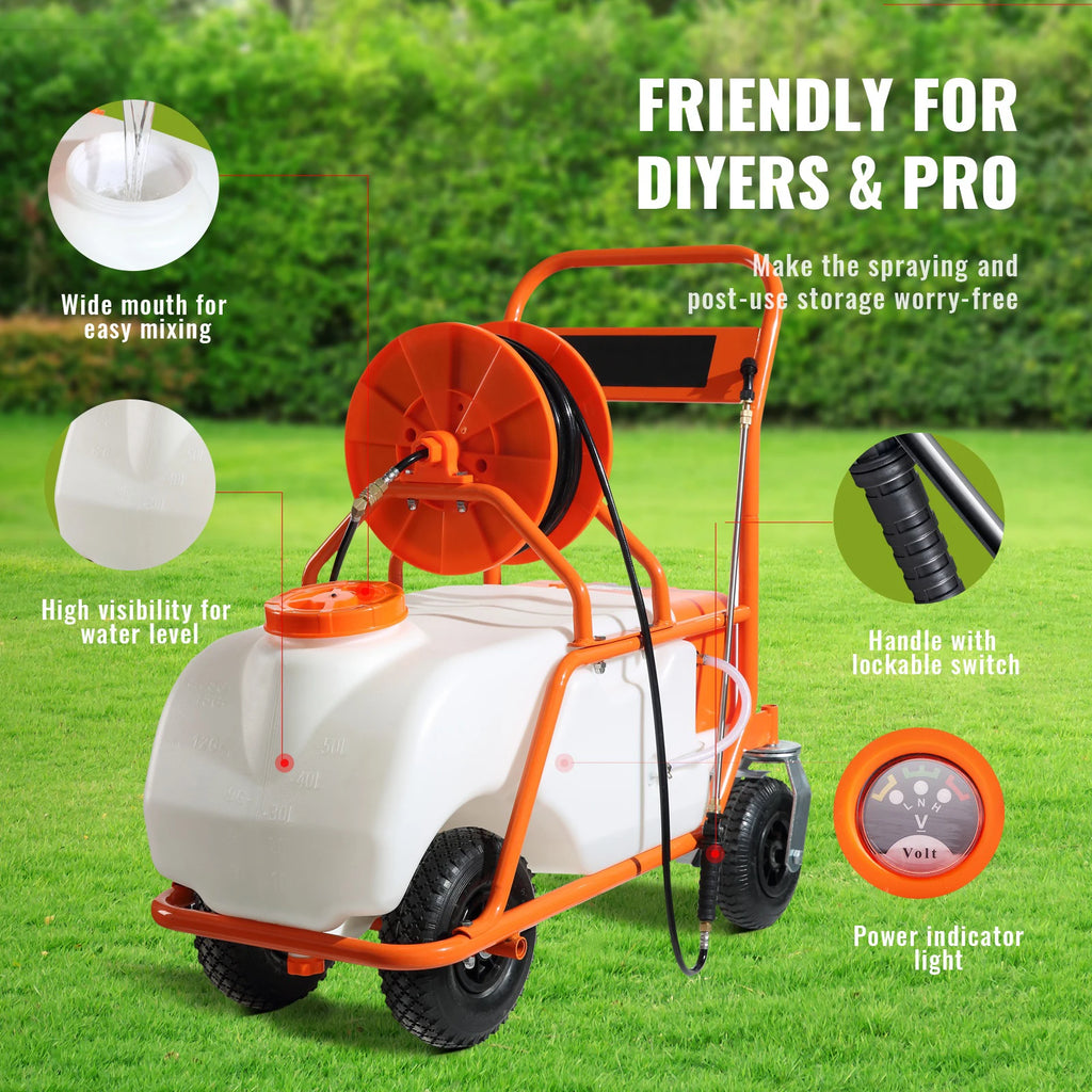 SucceBuy Battery Powered 15 Gal Garden Weed Sprayer with Wheeled Cart, 126FT Hose with Reel 8 Nozzles 2 Wands with Lock for Crop