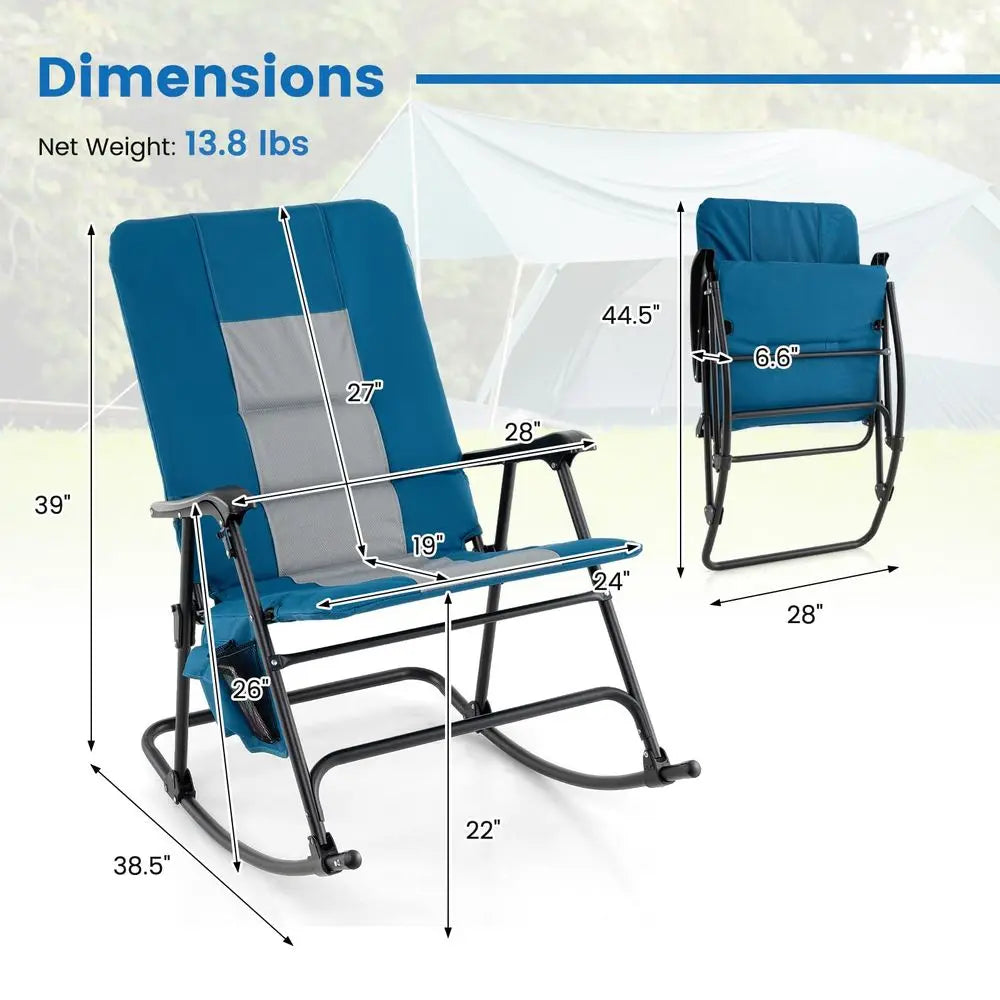 Oversized Folding Rocking Chair, Padded Patio Lounge Rocker w Metal Frame, Armrests, Side Pocket, Lightweight Portable Rocking