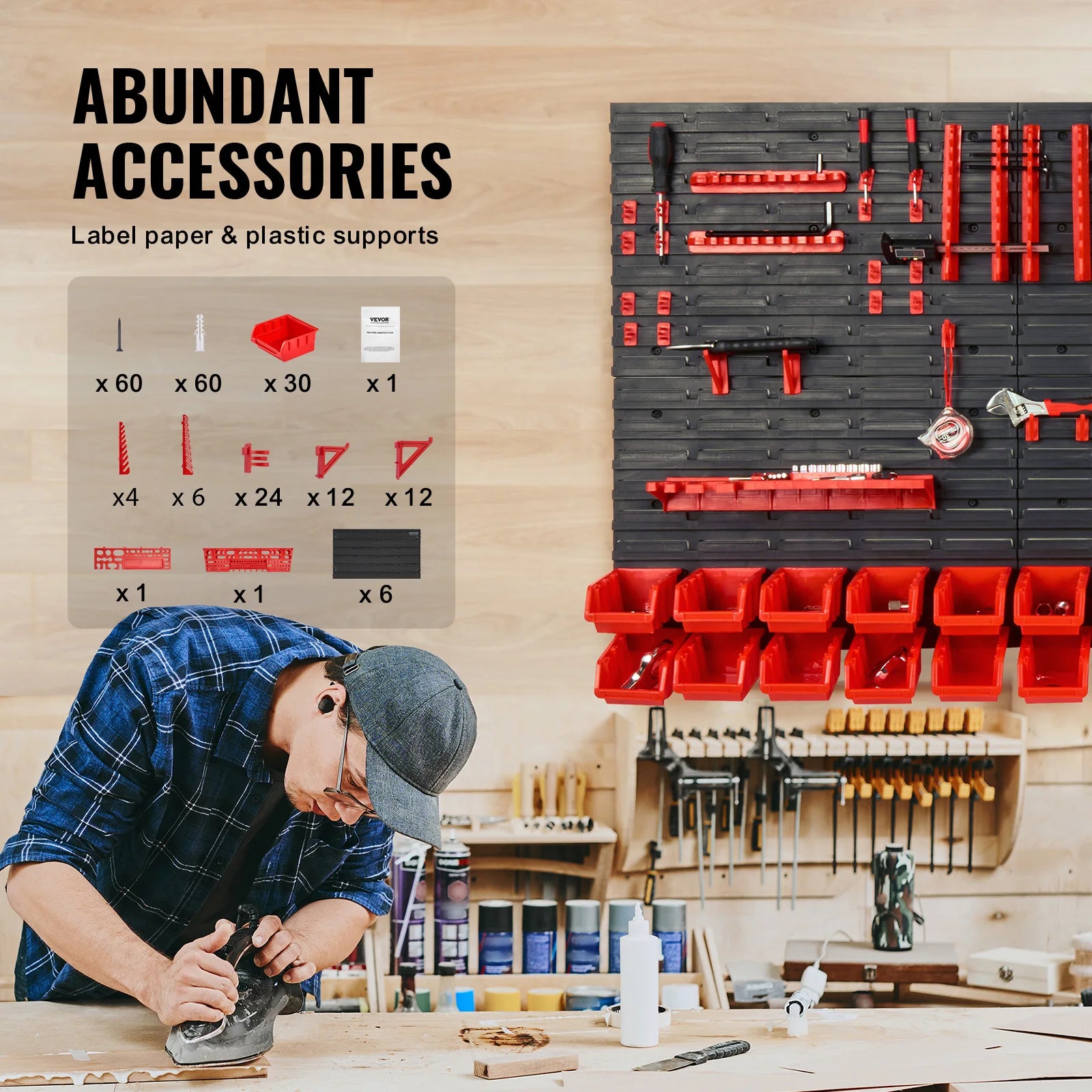 Vevor By: SucceBuy Wall Mounted Storage Bins, 30/48 Bin Parts Rack Organizer, Garage with Wall Panels & Hooks, Plastic Shop Bins for Screws, Nails, Tools