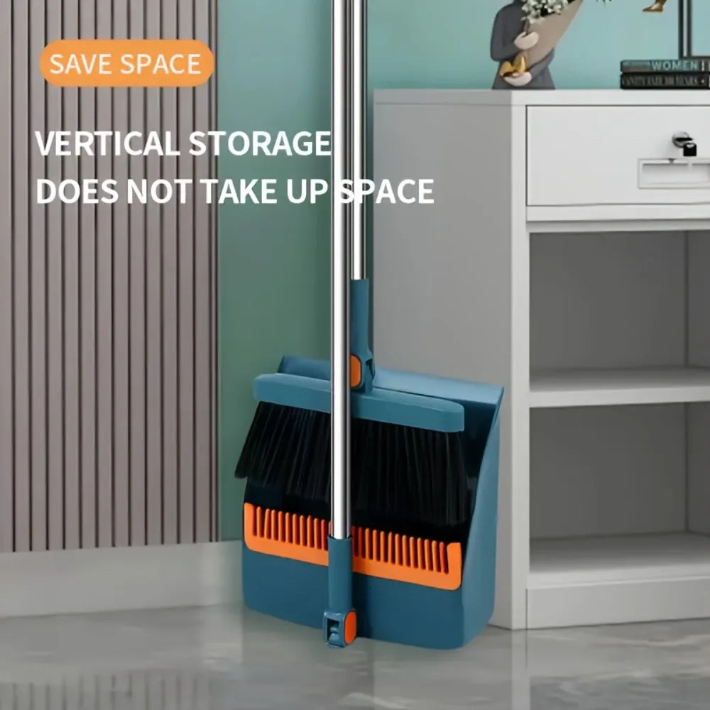 Long Handle Broom and Dustpan Set with Comb Teeth - Durable Floor Cleaning Tools for Pet Hair Removal, Home & Office Use