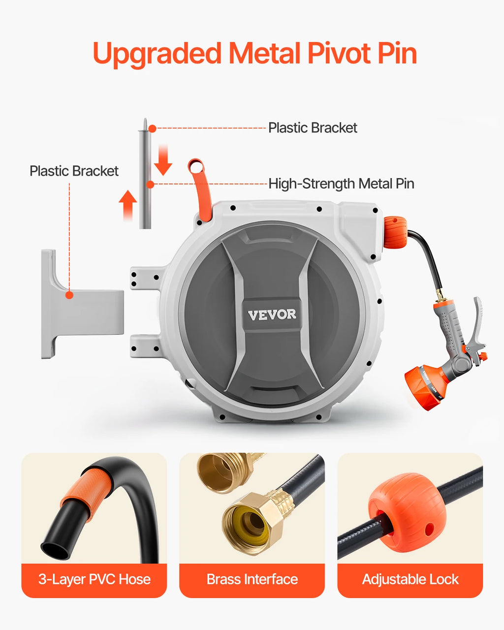 Retractable Garden Hose Reel, Wall Mounted, Heavy Duty Garden Hose, 9 Patterns Nozzle, Swivel Bracket