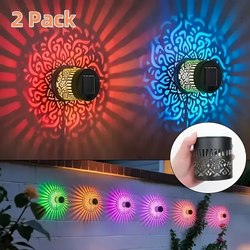 1/2 piece outdoor solar table lamp, mandala perforated pattern colored light changing wall lamp, solar landscape lamp projection, suitable for garden columns, terraces, backyards decoration and Christmas sunlight decoration,