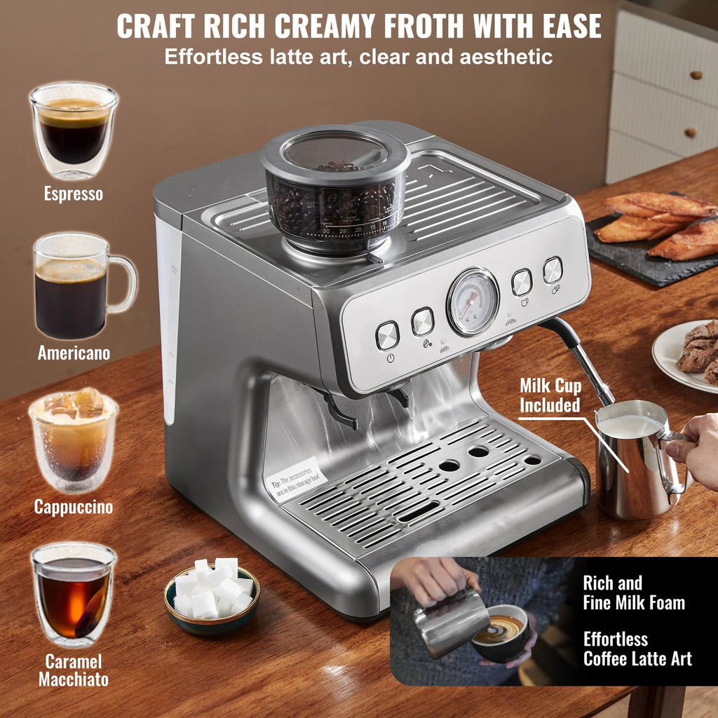 Vevor Espresso Machine with Grinder 15 Bar Semi-Automatic Espresso Coffee Maker with Milk Frother Steam Wand