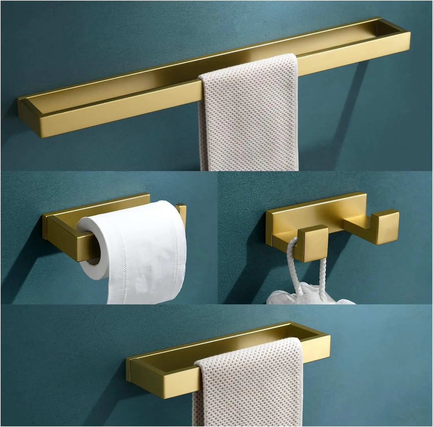 Gold Bathroom Accessory Set, 4 Pieces, Stainless Steel, Wall Mount