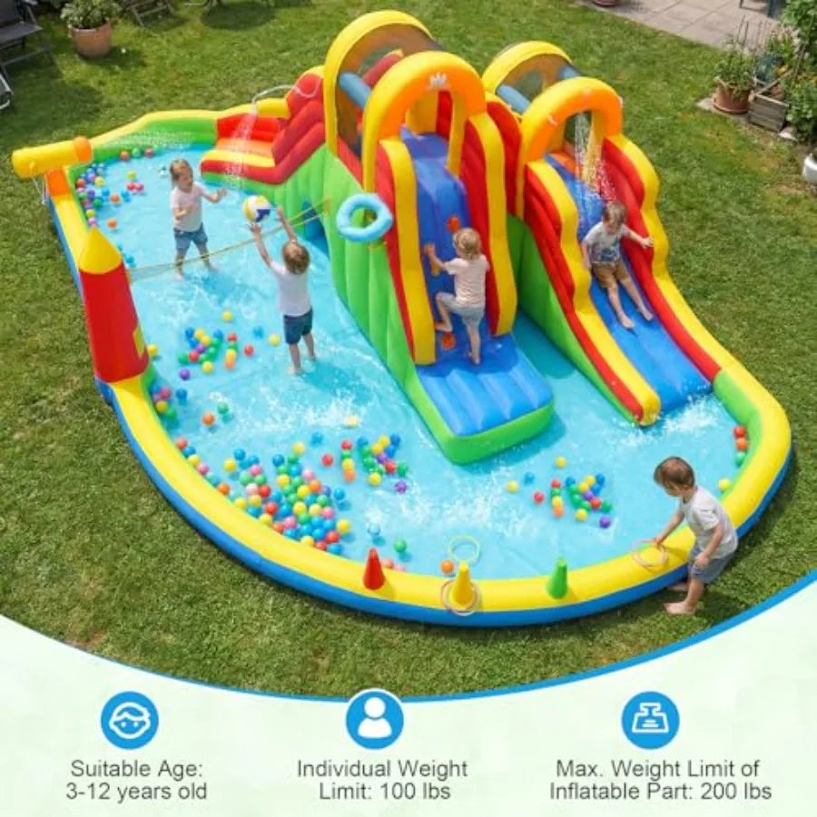 YAO HUI HUANG Inflatable Water Slide Park, 12 in 1 Kids Mega Water Bounce House with Large Deep Pool, 2 Long Slides, Bouncy Castle, Blow up Water Slides for Big Kids 3-12 Backyard Outdoor, Without Air Blower