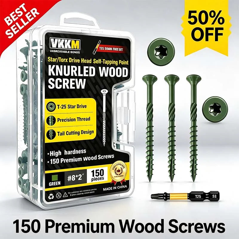 VKKM 150Pcs #8x2" Green Wood Screws Kit, T25 Star Drive Self-Tapping with 50mm Free Bit, All-Climate Anti-Rust – Great for Indoor & Outdoor Projects (Shelves, Framing, Repairs)