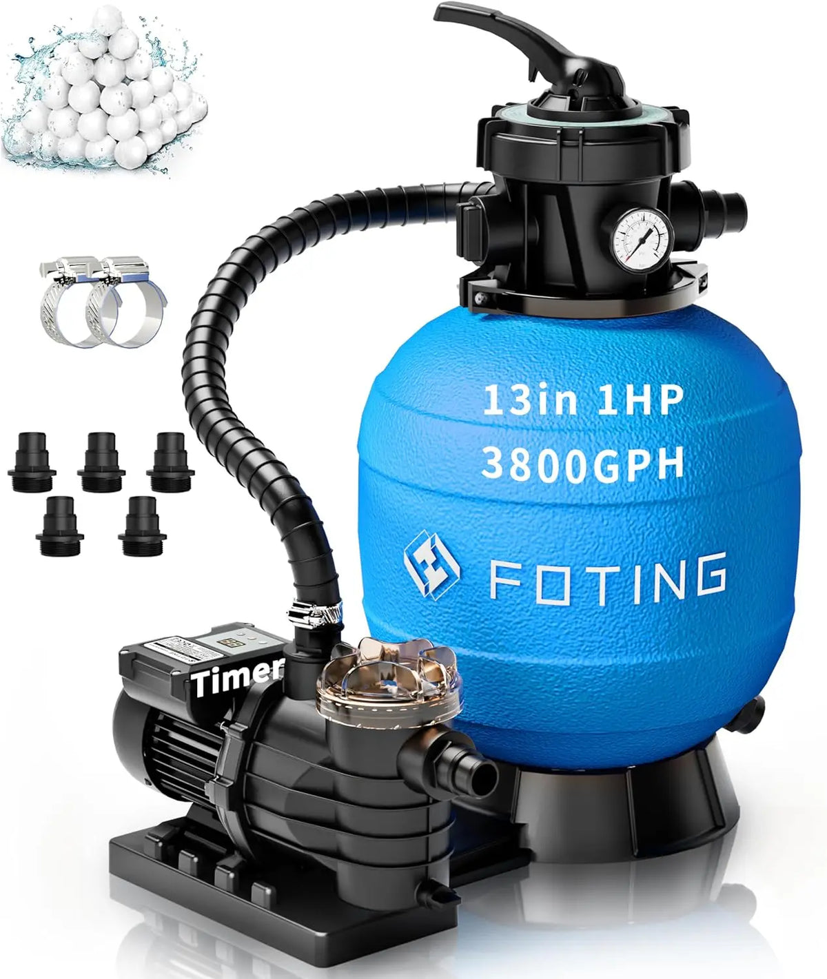 Foting Sand Filter Pump with Timer for Above Ground Pool, Pool Pump Above Ground with 7-Way Multi-Port Valve, Pool Sand Filter for High-Efficient Filtration & Circulation