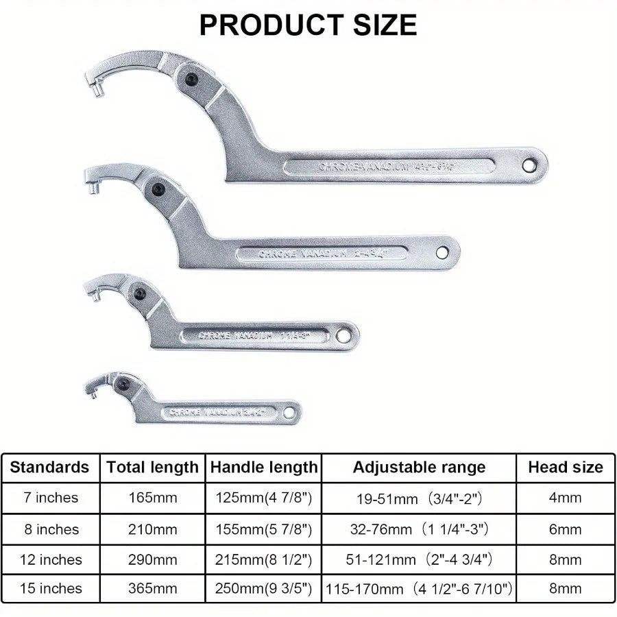 1 Set 4Pcs Adjustable Pin Spanner Wrench Tool Set 3/4" To 6-7/10", 4Pc C Pin Spanner Hook Wrench for Pipes Heating Vehicles Mechanical Equipment