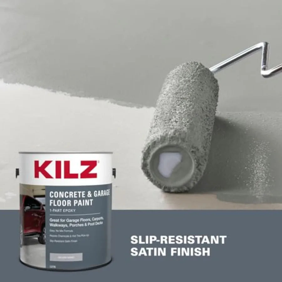 KILZ 1-Part Epoxy Acrylic Concrete and Garage Floor Paint,,Satin Interior/Exterior Concrete Paint for Basement Floors, Porches, Driveways