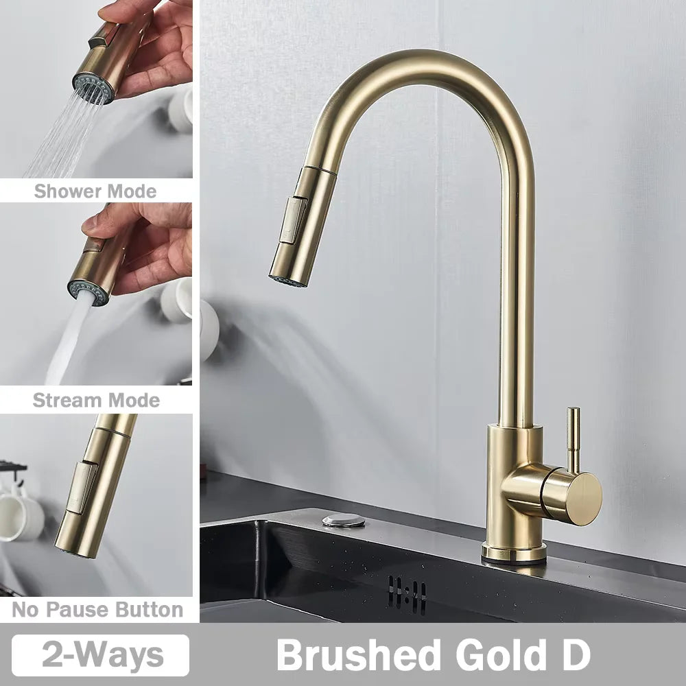 Kitchen Faucet With Pull Down Sprayer, Single Handle, Brushed Gold Or Matt Black