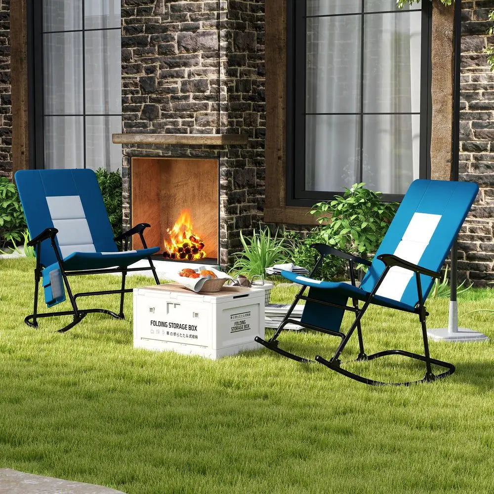 Oversized Folding Rocking Chair, Padded Patio Lounge Rocker w Metal Frame, Armrests, Side Pocket, Lightweight Portable Rocking