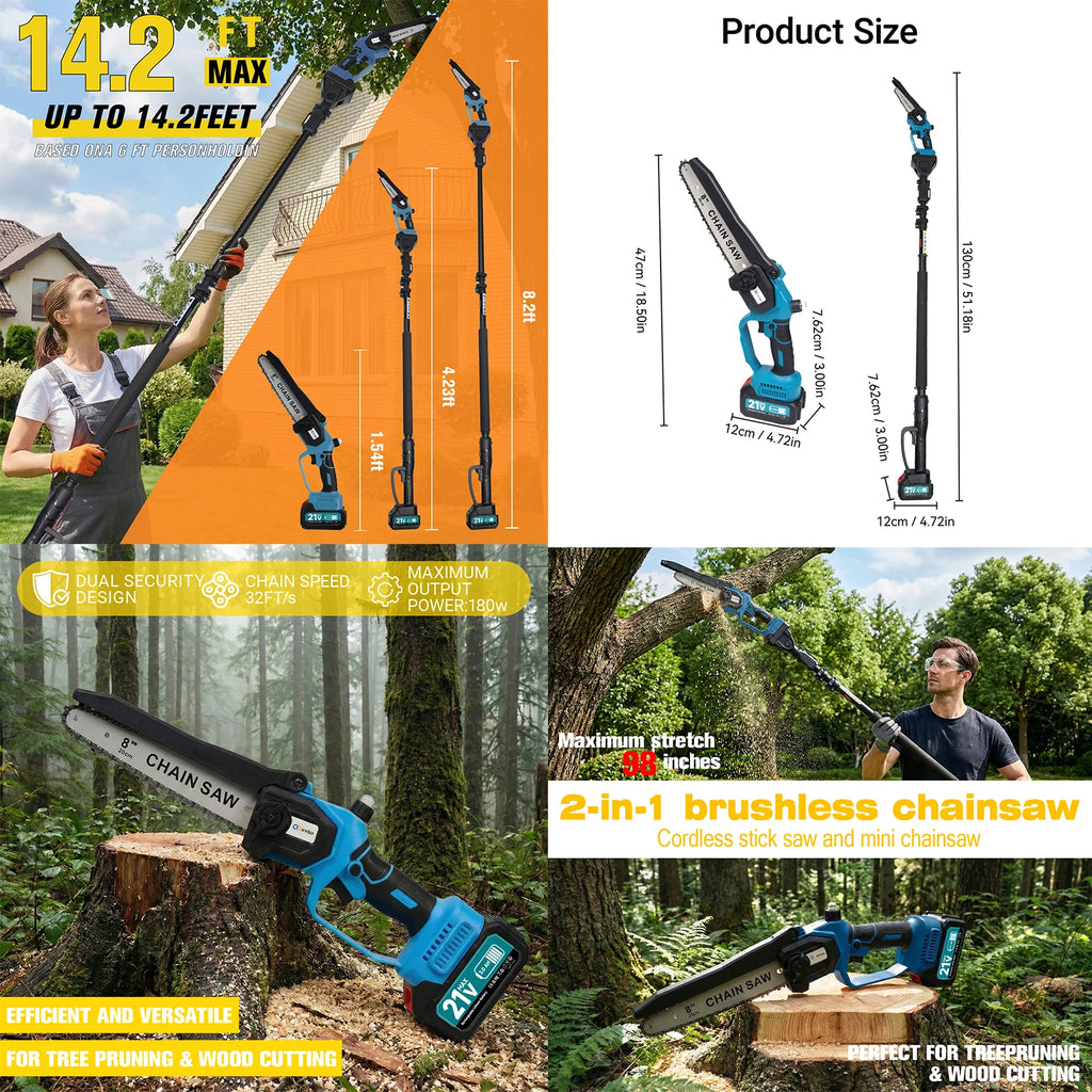 Cordless Pole Saw & Mini Chainsaw, 6" & 8" Electric Tree Trimmer with Extension Pole, Handheld Chain Saw for Branch Cutting