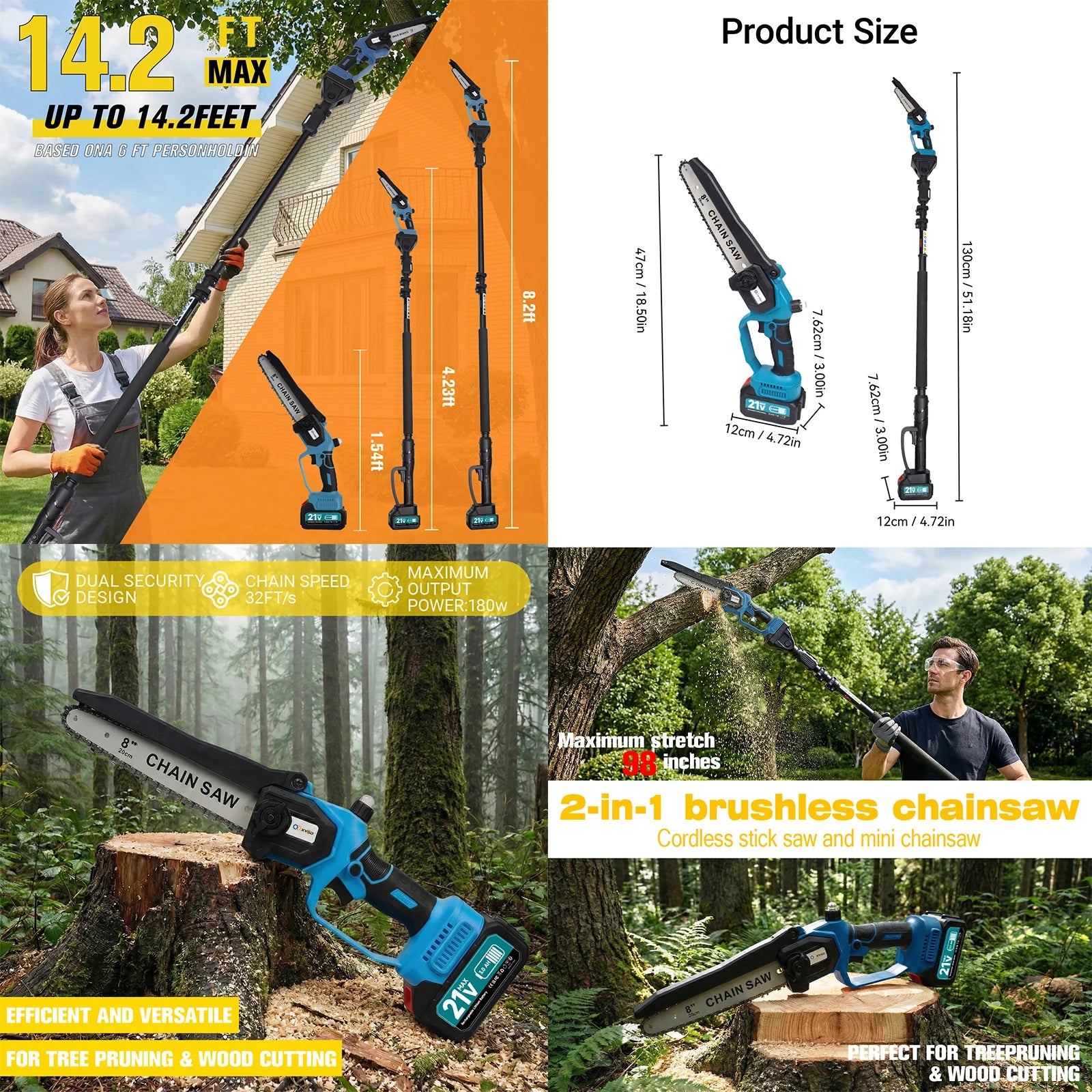 Cordless Pole Saw & Mini Chainsaw, 6" & 8" Electric Tree Trimmer with Extension Pole, Handheld Chain Saw for Branch Cutting