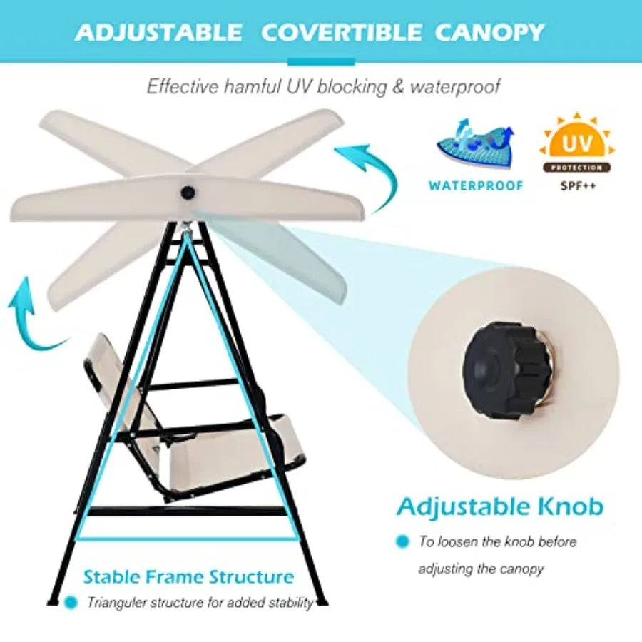 Outdoor Patio Swing Chair for Adults, 2-Seat Porch Swing with Adjustable Canopy, Outside Swing Bench with Removable Cushion,
