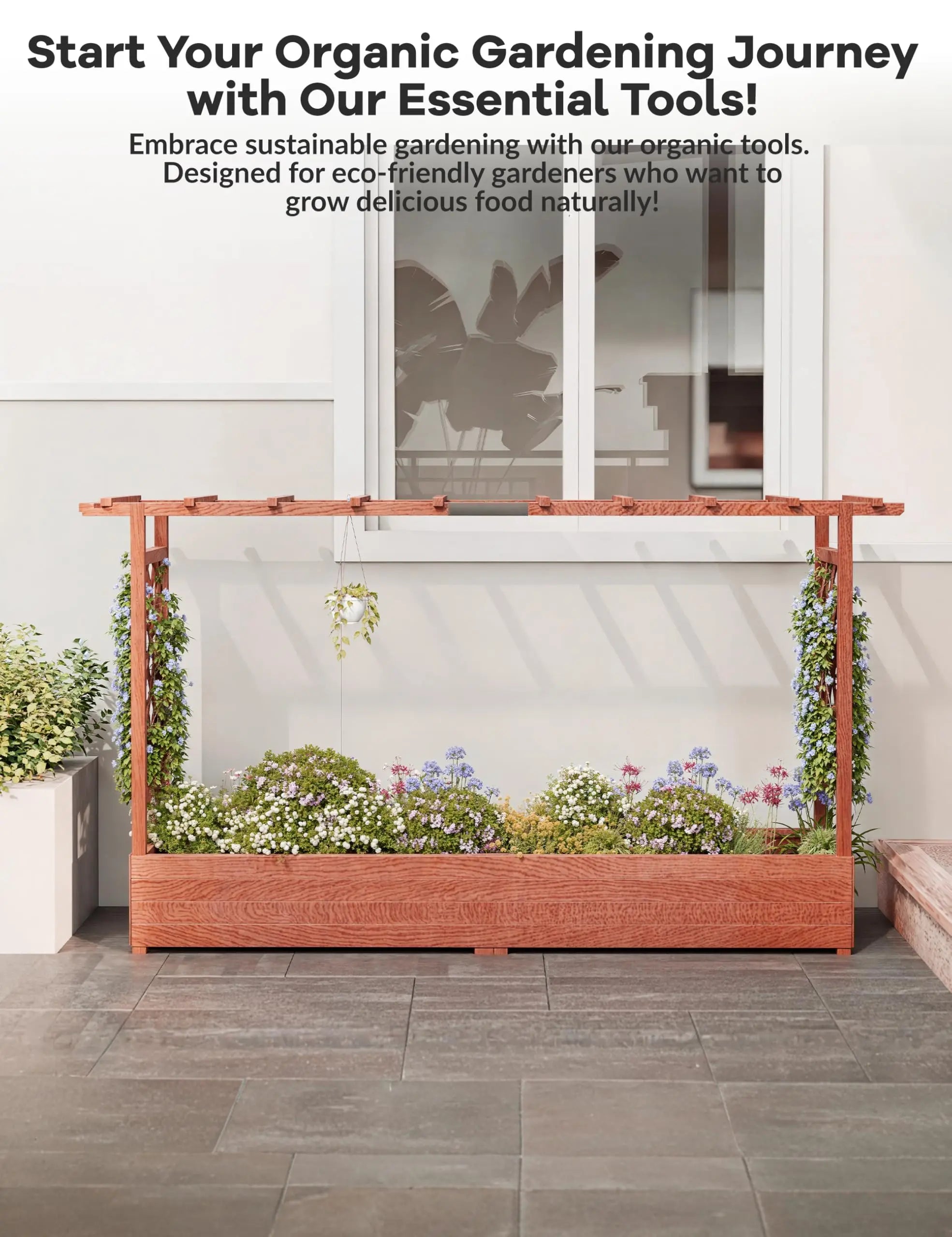 Wooden Raised Garden Bed with Trellis/Canopy/Drainage Hole Freestanding Planter Box for Climbing Plants Vines Blossoms