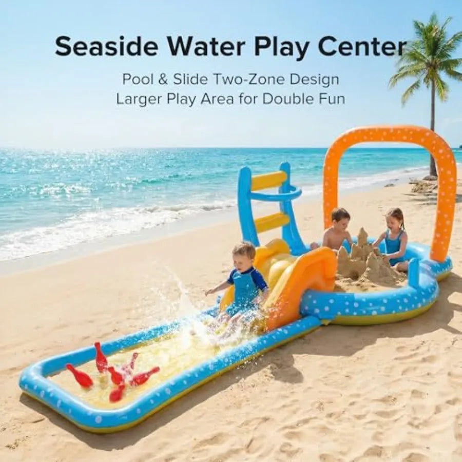 Outdoor backyard inflatable kiddie pool with slide for toddlers PVC material blue and yellow quick-inflate design and splash pool Kiddie Pool With Basketball hoop