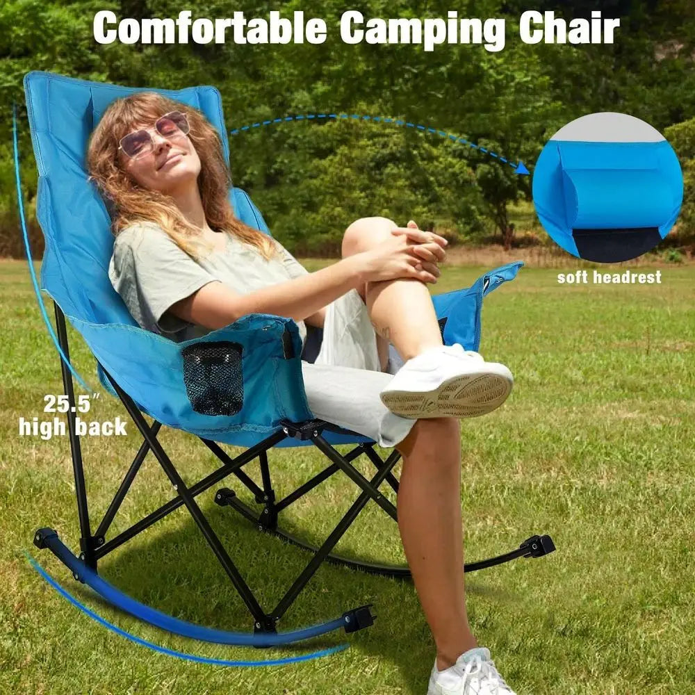 Folding Rocking Camping Chair For Adults Portable Oversized Heavy-Duty Design With Built-in Cup Holder, Cooler Bag Side Pocket