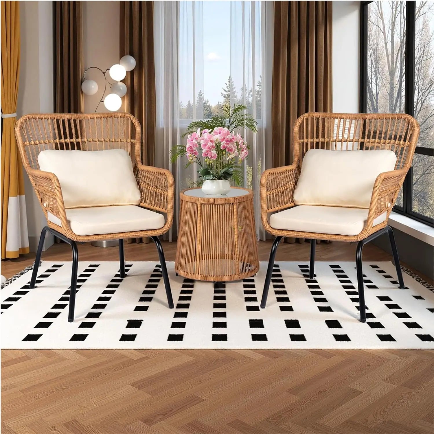 3 Piece Outdoor Wicker Bistro Set, Patio Conversation Set, 2 Large Rattan Chairs W/Tempered Glass Table, Patio Furniture