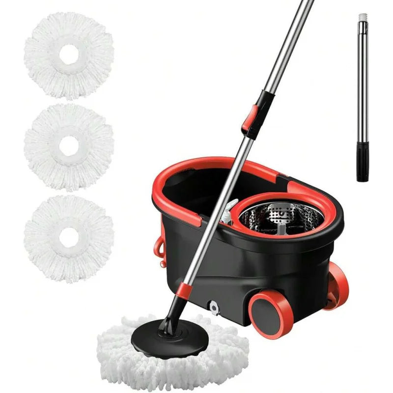 Spin Mop And Bucket With Wringer Set, 360° Rotating Head Mop Bucket System With 3 Microfiber Mop Refills Wet