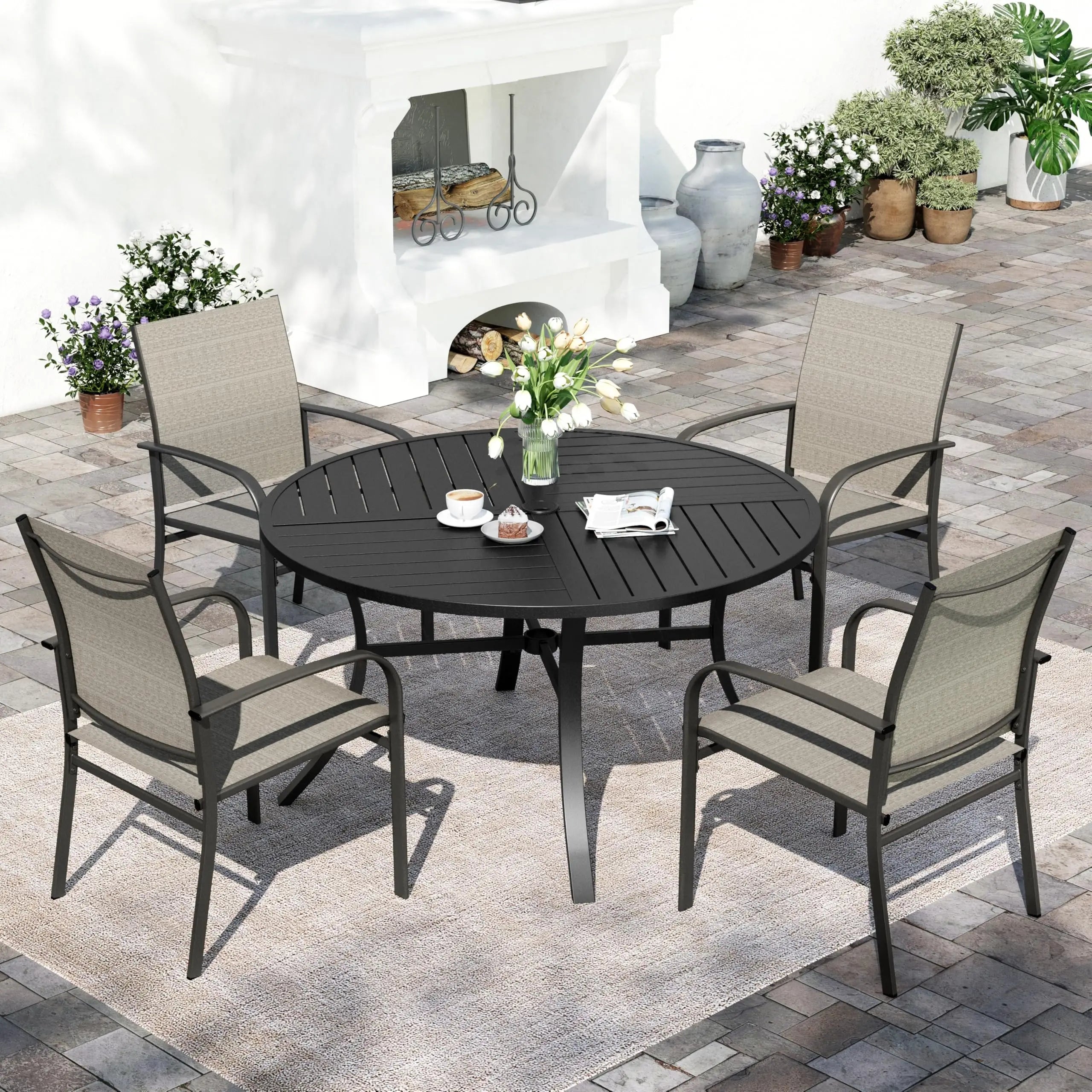 SUNSHINE VALLEY 5/9 Piece Patio Dining Set, Square Table with Umbrella Hole, 4 Metal Brown Chairs, Outdoor Table Chairs Set