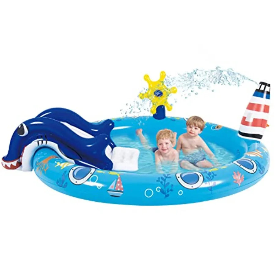Kiddie Pool with Slide Inflatable Play Center Wading Lounge Pool, Marine Life Sprinkler, 60" x 25" Water Game Play Center for Kids