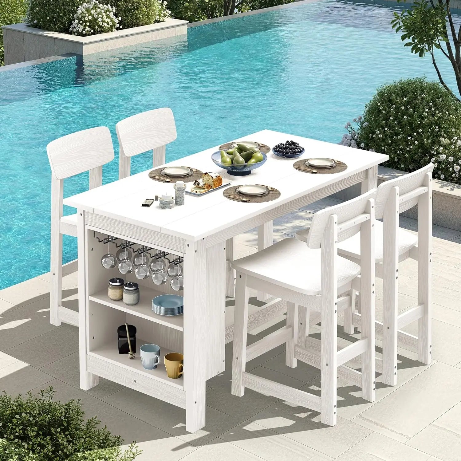 5-Piece HDPE Counter Height Outdoor Bar Table Set with Storage Wine Rack 4 Stools Garden Backyard Patio, Customized