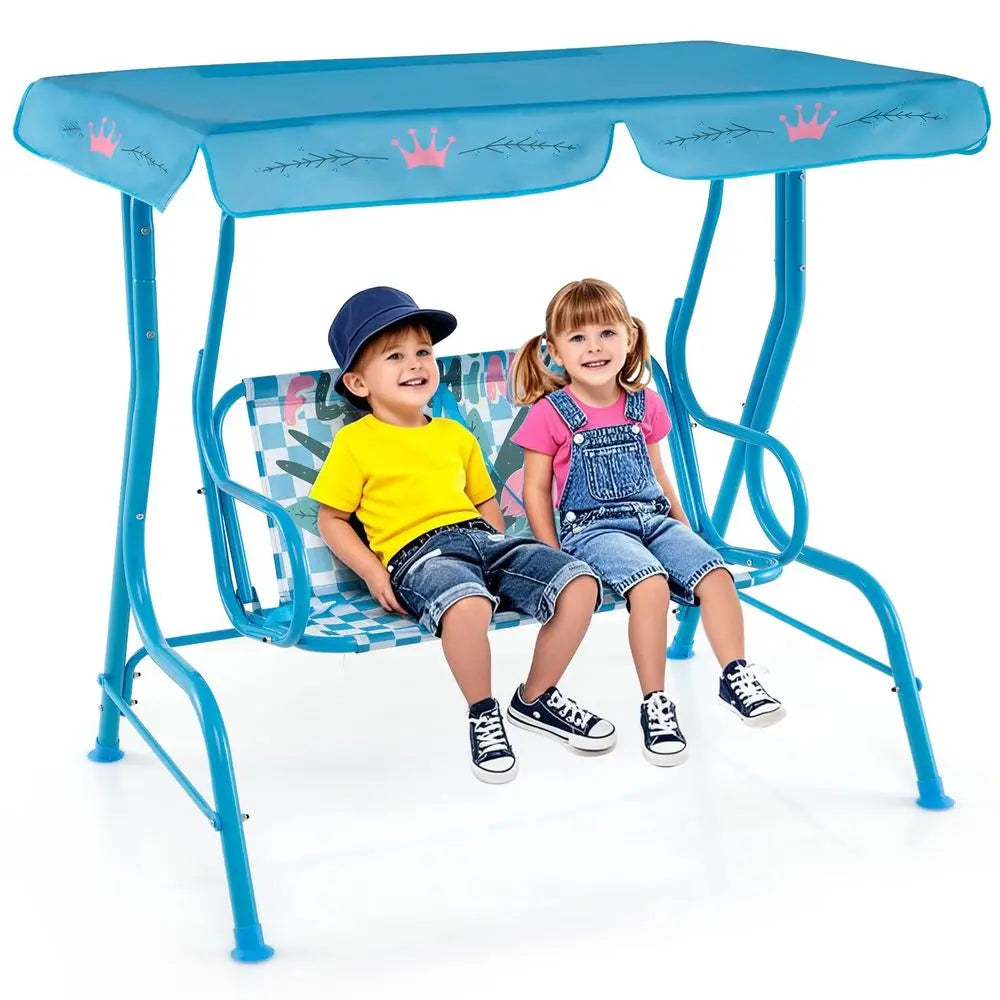 Kids Patio Swing, 2Seater Outdoor Porch Swing Lounge Chair, Adjustable Canopy amp Safety Belt, All Weather Resistant Waterproof