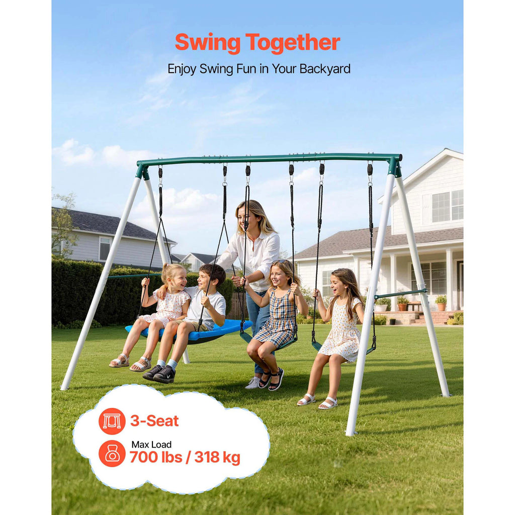 SucceBuy Swing Set for Backyard 45x30in Swing Seat and Two Belt Seats with A-Frame Metal Stand 700lbs Swing set Outdoor for Kids