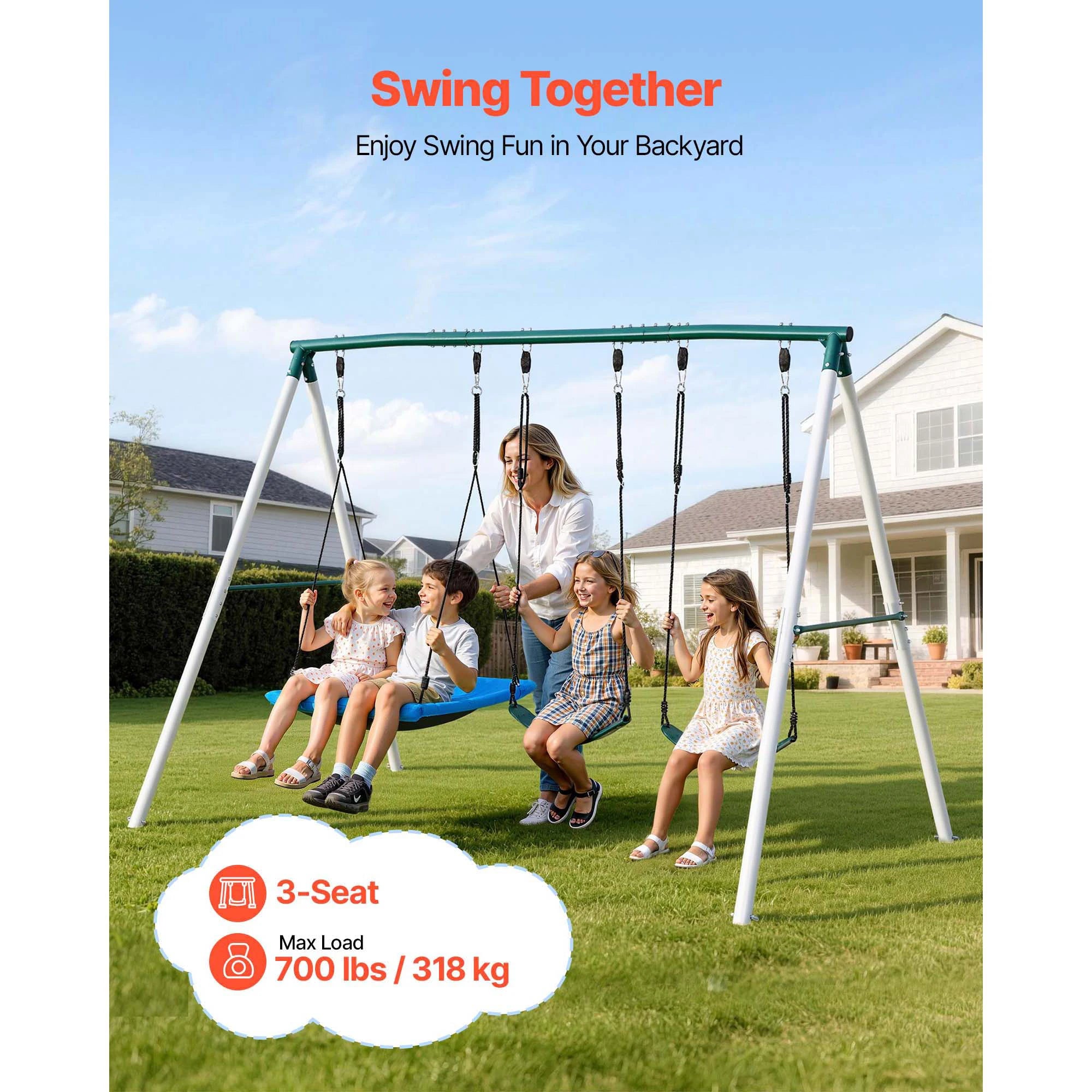 SucceBuy Swing Set for Backyard 45x30in Swing Seat and Two Belt Seats with A-Frame Metal Stand 700lbs Swing set Outdoor for Kids