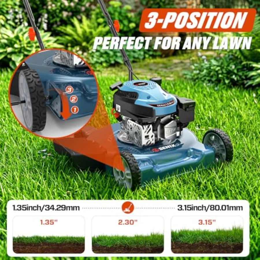 Sinex 20 Gas Lawn Mower, 144 cc Gas Powered Lawnmower, 4-Cycle Engine Walk-Behind Push Lawn Mowers, 3 Cutting Height, Lightweight