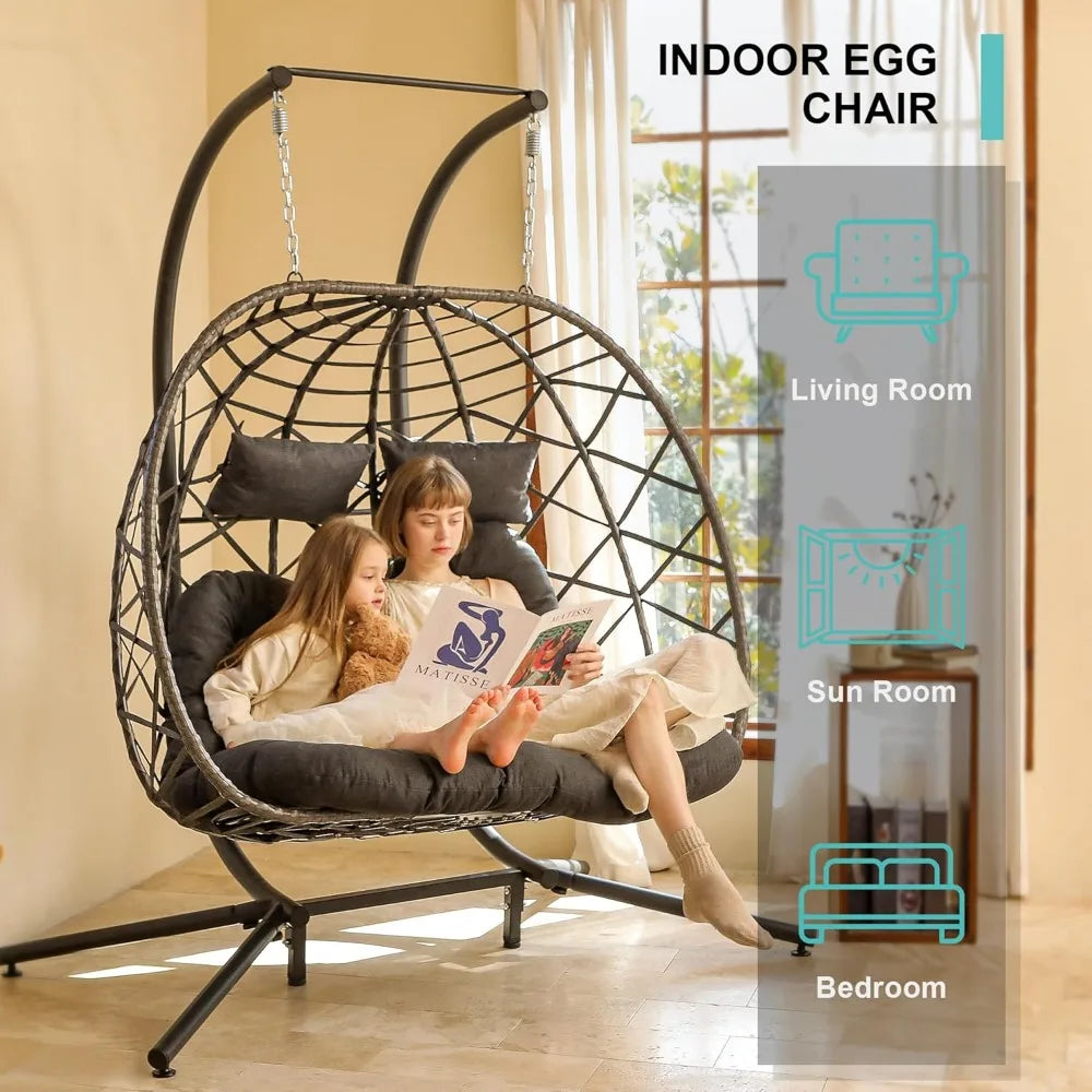 Double Egg Swing Chair with Stand, 2 Person Outdoor Indoor Hammock Hanging with Cushion for Patio Living Room 550 LBS