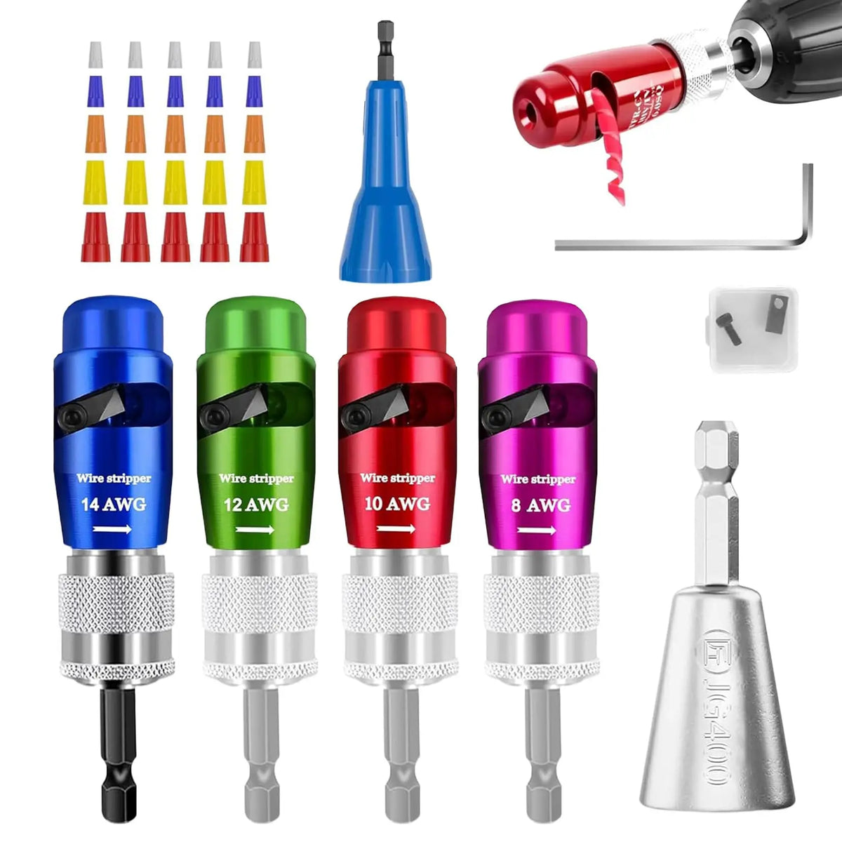 HiMiss 7-Piece Color-Coded AWG Wire Stripper Kit, Drill Bit Set With Tungsten Steel Cutters, Zinc Alloy For Electricians, Jobsite Use