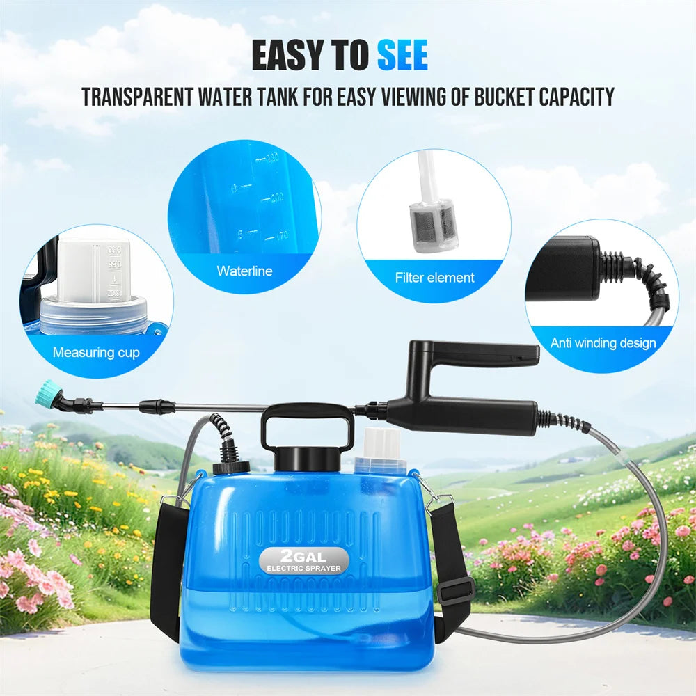 Battery Powered Sprayer 2 Gallon,Electric Weed Sprayer with 3 Adjustable Pressure Levels,4 Nozzles, For Lawn,Garden