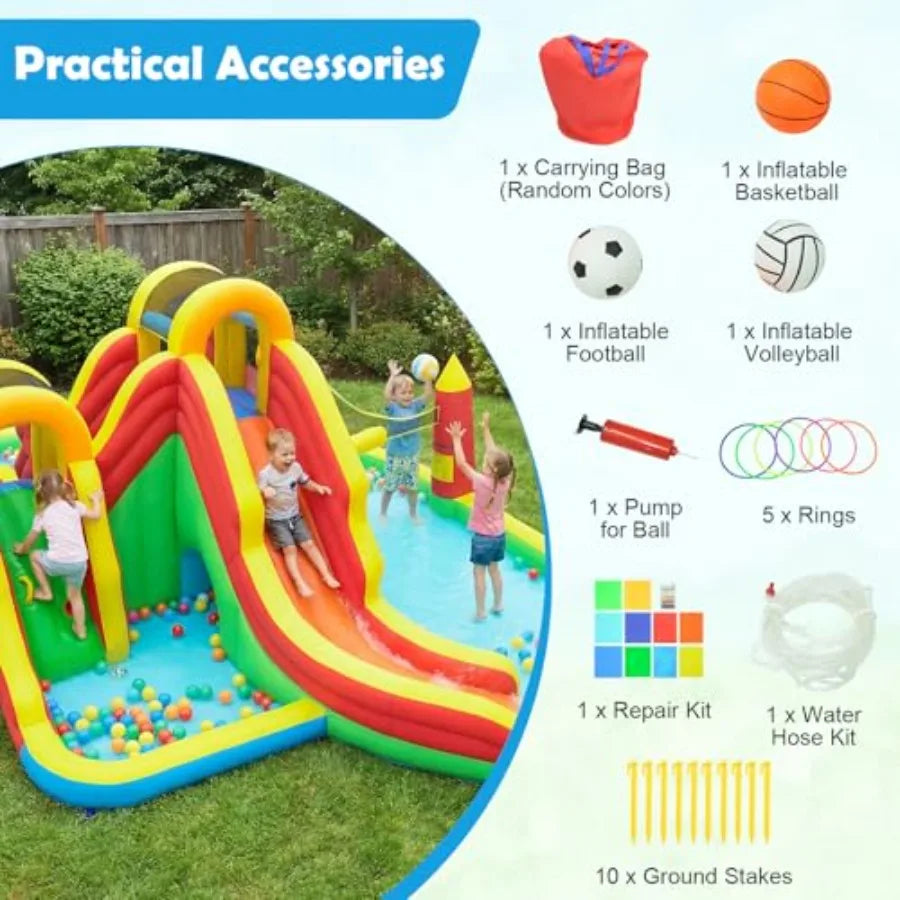 YAO HUI HUANG Inflatable Water Slide Park, 12 in 1 Kids Mega Water Bounce House with Large Deep Pool, 2 Long Slides, Bouncy Castle, Blow up Water Slides for Big Kids 3-12 Backyard Outdoor, Without Air Blower